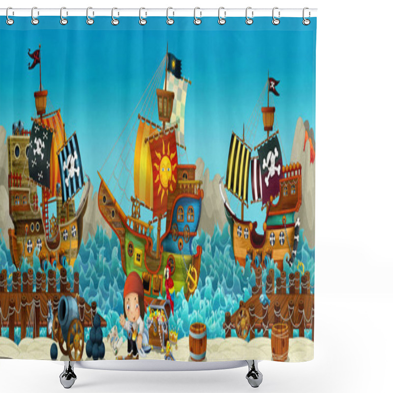 Personality  Cartoon Scene Of Beach Near The Sea Or Ocean - Pirate Captain On The Shore And Treasure Chest - Pirate Ships - Illustration For Children Shower Curtains