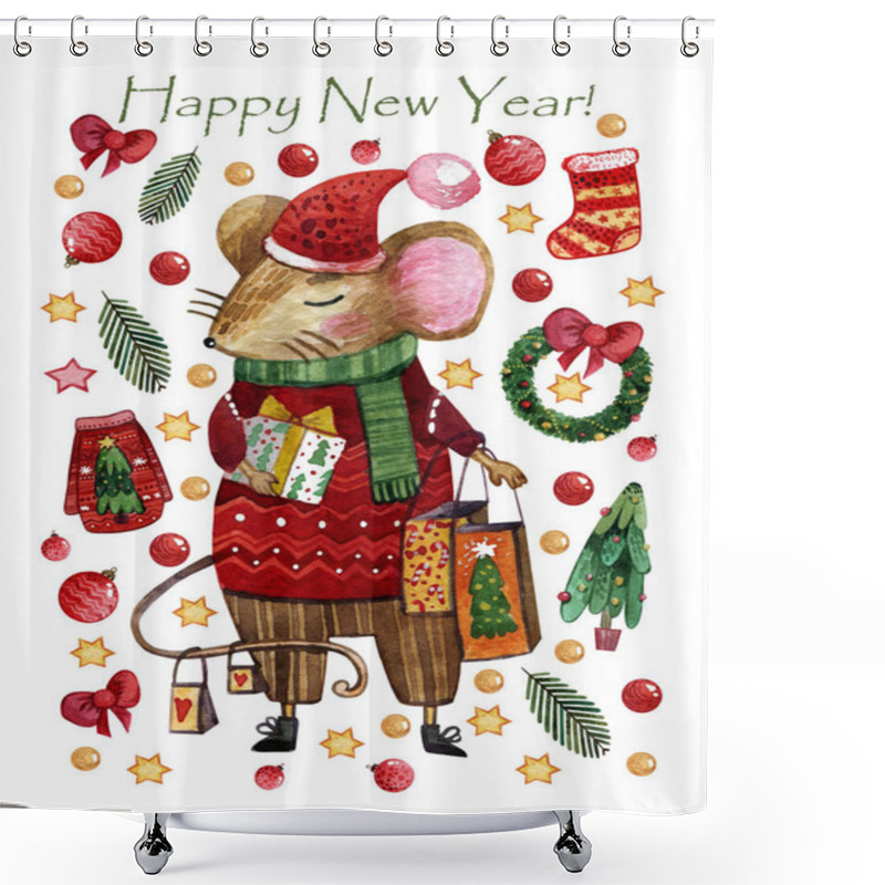 Personality  Watercolor Christmas Card With A Boy Mouse In A Red Sweater And Pants. Hand-drawn Mouse With A Gift In Hands Is On The Background Of Christmas Toys, Christmas Trees, Wreaths, Gifts, Sweets.  Shower Curtains