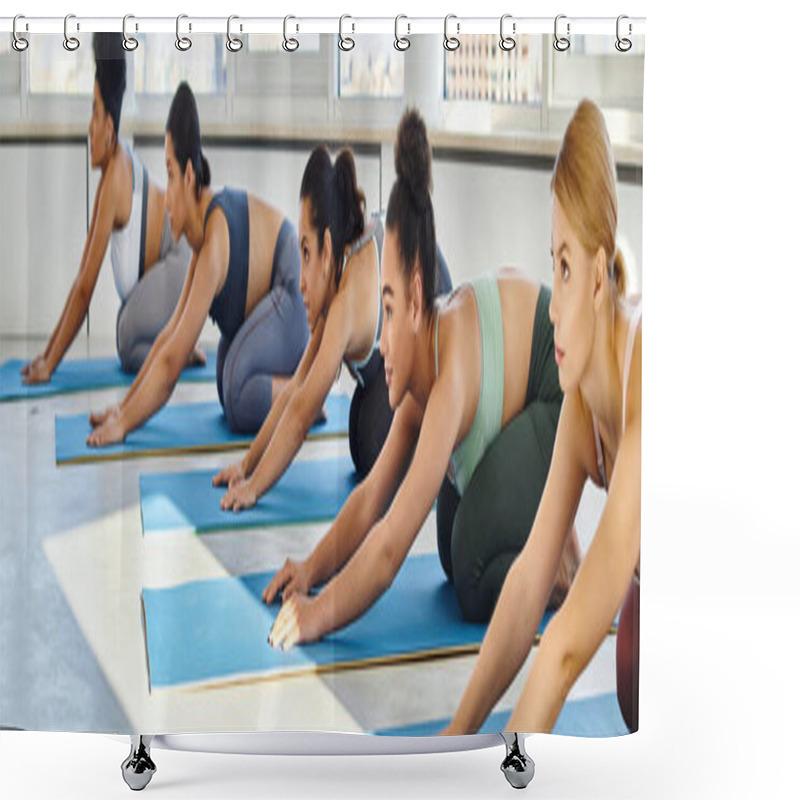 Personality  Group Of Five Multicultural Women In 20s Stretching Back While Practicing Yoga On Mats, Banner Shower Curtains