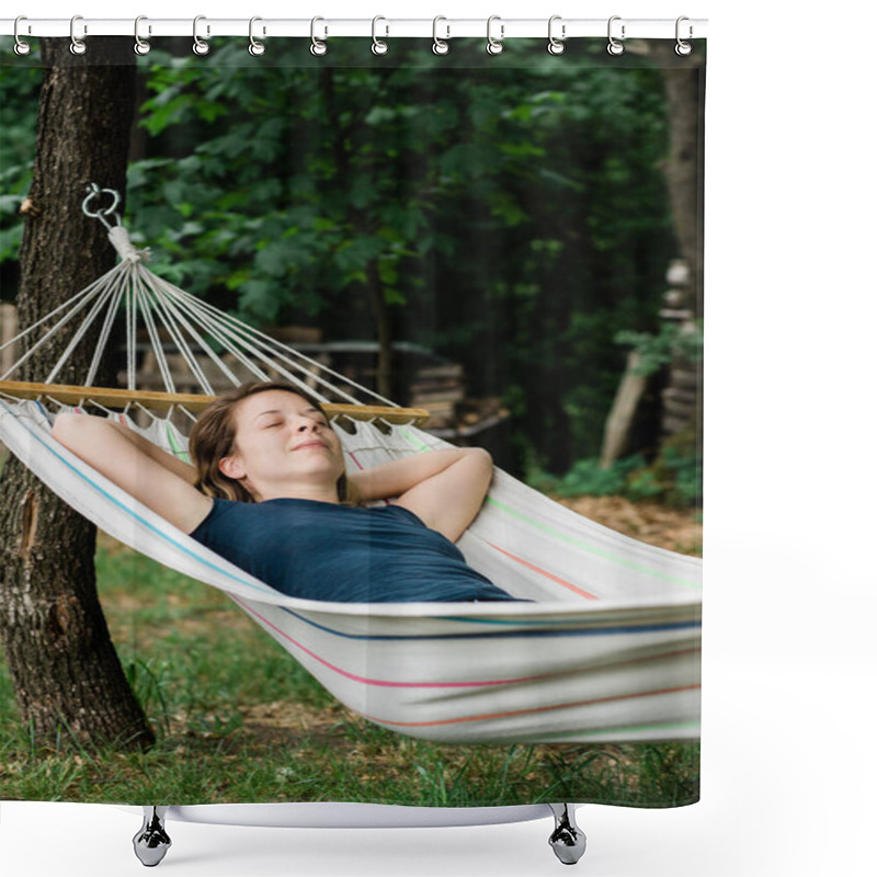 Personality  Young Woman Relaxing In The Hammock In Nature Shower Curtains