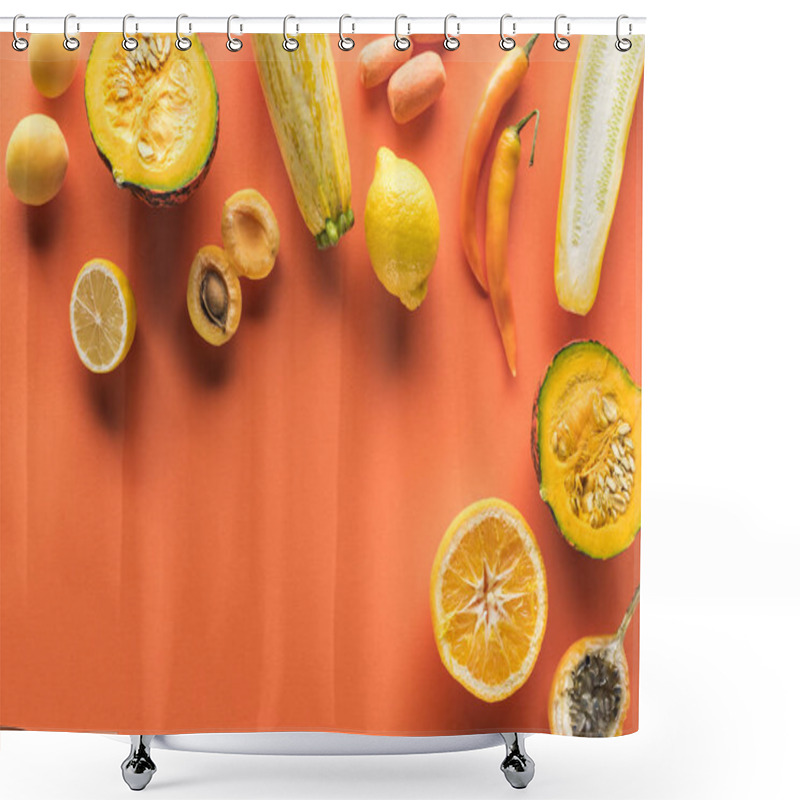 Personality  Top View Of Yellow Fruits And Vegetables On Orange Background With Copy Space Shower Curtains