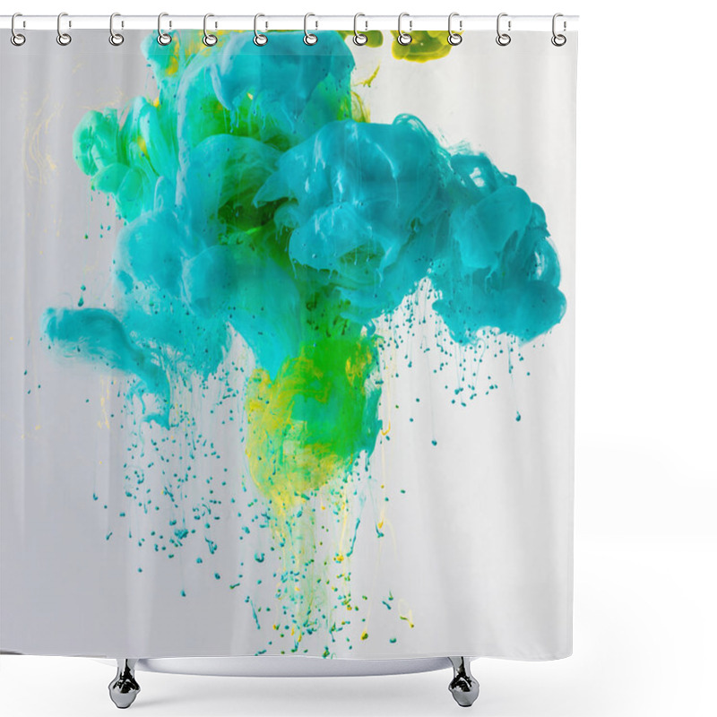 Personality  Design With Flowing Turquoise, Blue And Green Paint In Water With Drops, Isolated On Grey Shower Curtains