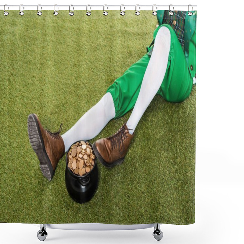 Personality  Cropped View Of Leprechaun With Pot Of Gold Sitting On Green Grass Shower Curtains