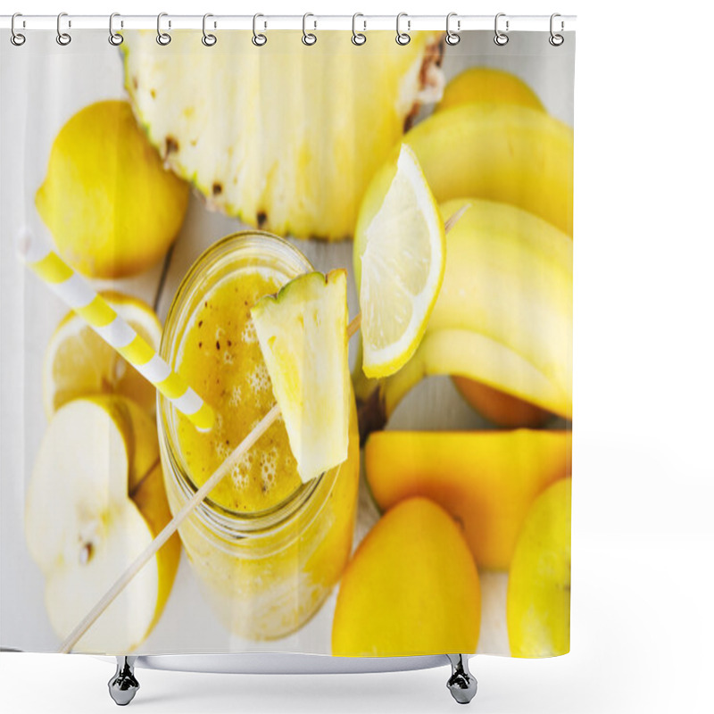 Personality  Fresh Organic Yellow Smoothie With Banana, Apple, Mango, Pear, P Shower Curtains