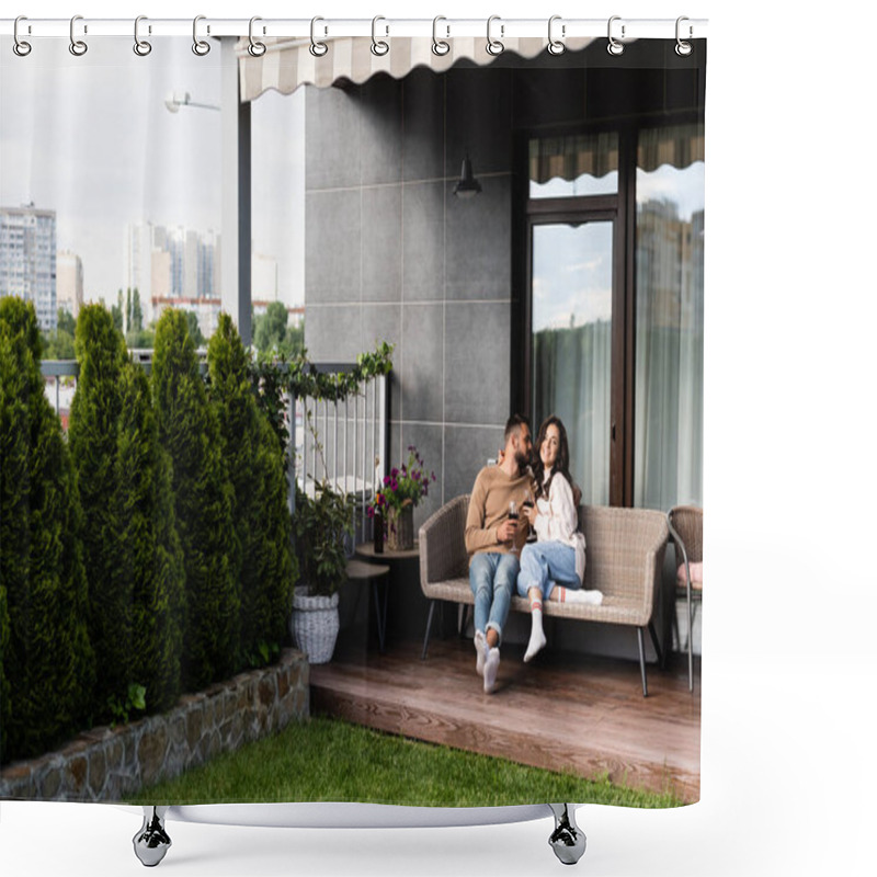 Personality  Handsome Man And Happy Woman Sitting On Outdoor Sofa And Holding Wine Glasses Shower Curtains