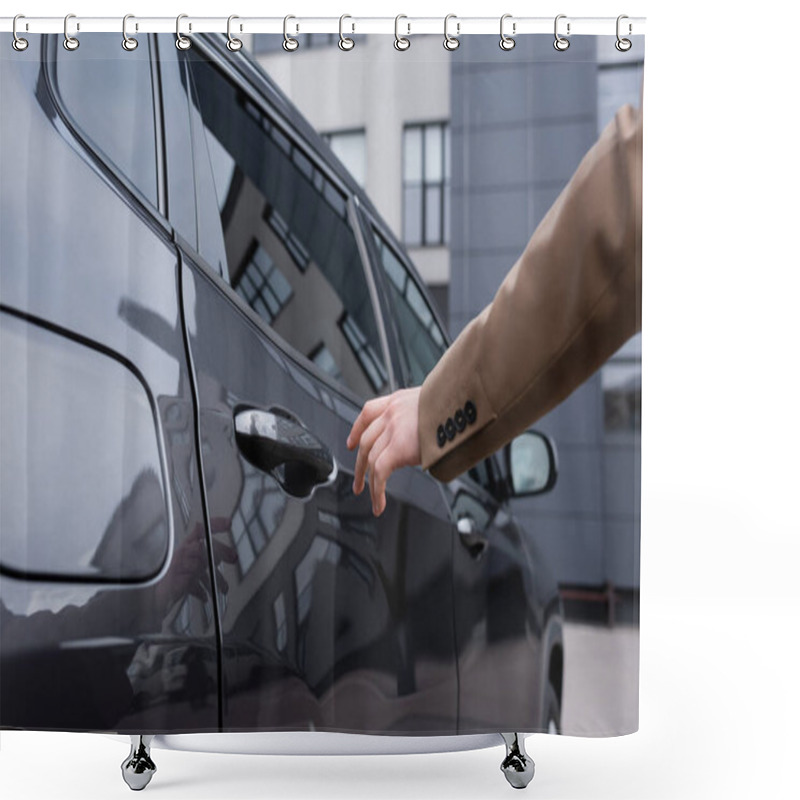 Personality  Partial View Of Businessman In Beige Suit Reaching Car Door Shower Curtains