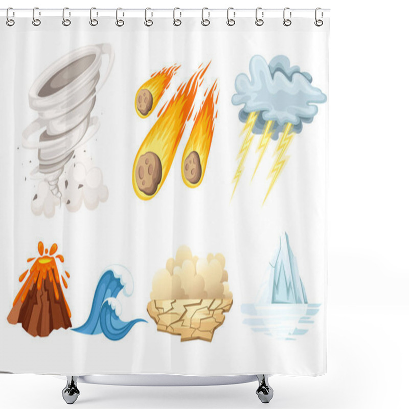 Personality  Natural Cataclysm Icons Set. Tsunami Wave, Tornado Swirl, Flame Meteorite, Volcano Eruption, Sandstorm, Deglaciation, Storm. Cartoon Style Color Icon. Vector Illustration Isolated On White Background Shower Curtains