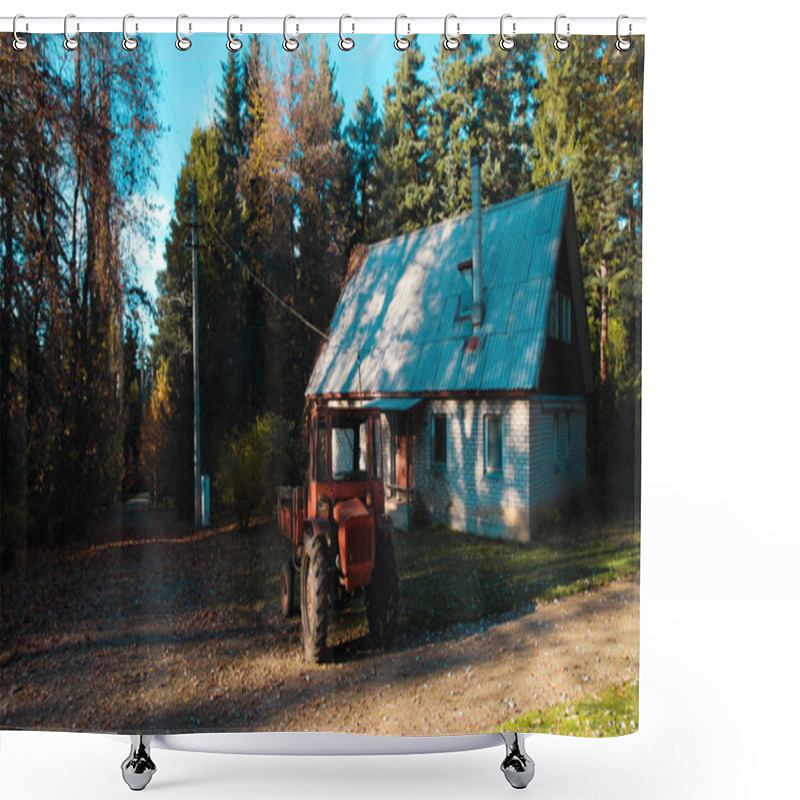 Personality  Old Red Tractor Near To Farmer House In Forest Shower Curtains