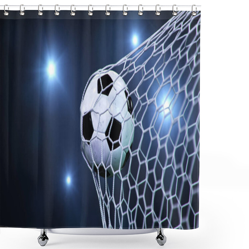 Personality  Soccer Ball Flew Into The Goal. Soccer Ball Bends The Net, Against The Background Of Flashes Of Light. Soccer Ball In Goal Net On Blue Background. A Moment Of Delight. 3D Illustration Shower Curtains