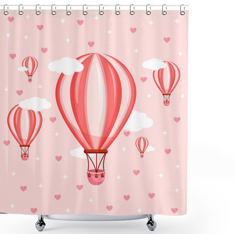 Personality  Vector Illustration Of Pink Balloons On The Background Of Clouds, Hearts And Sky For Valentines Day For Postcard, Textiles, Decor, Poster. Greeting Card. Shower Curtains