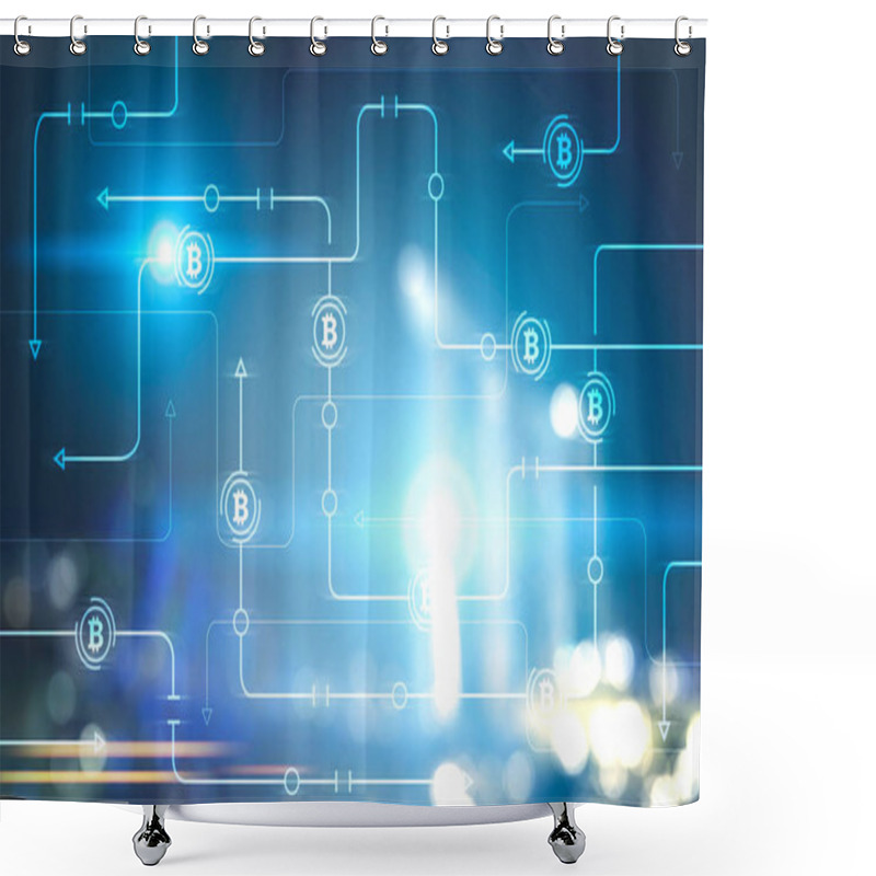 Personality  Glowing Bitcoin Network Hologram Against A Night Blurred Cityscape Background. Concept Of Cryptocurrency And Future. Toned Image Double Exposure Mock Up Shower Curtains