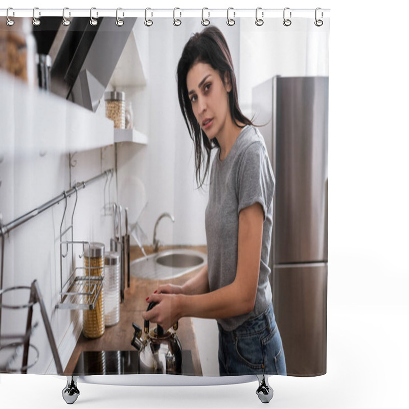 Personality  Selective Focus Of Woman With Bruise On Face Touching Teapot On Electric Stove In Kitchen, Domestic Violence Concept  Shower Curtains