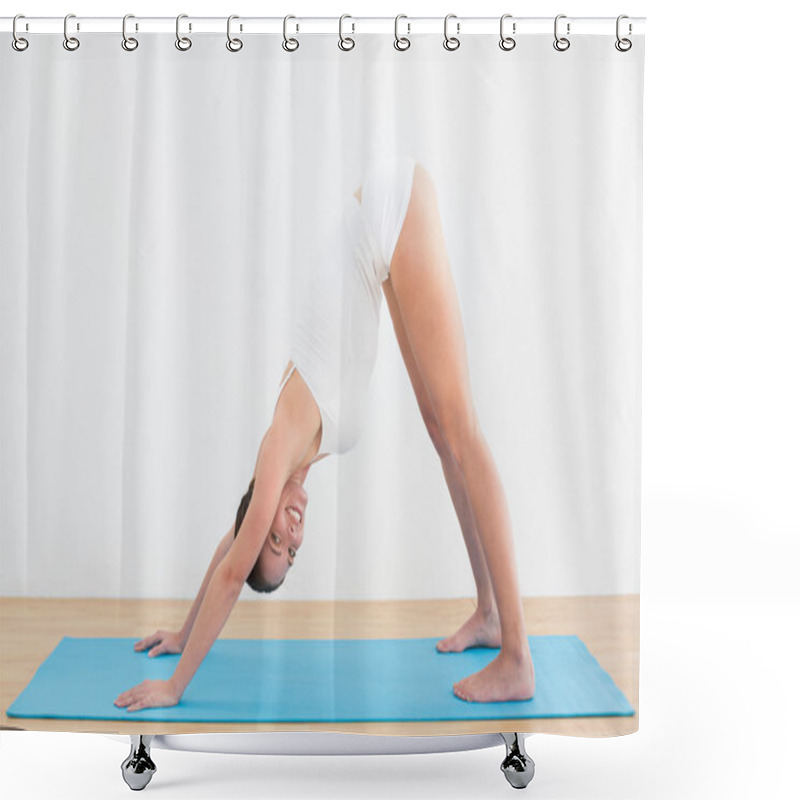 Personality  Side View Of A Smiling Woman Exercising On Mat Shower Curtains