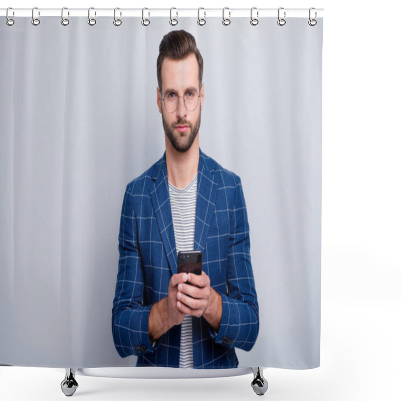 Personality  Portrait Of His He Nice Classy Serious Attractive Well-dressed Groomed Imposing Bearded Guy In Checked Blazer Using 5g App Device Isolated Over Light Grey Pastel Color Background Shower Curtains