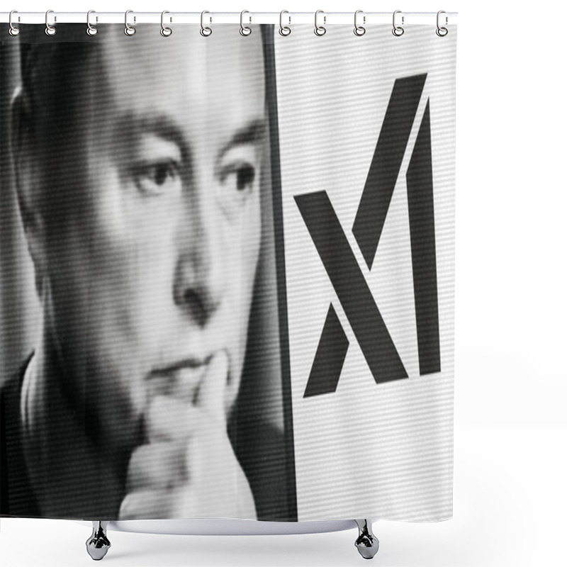 Personality  Poltava. Ukraine - July 25, 2024: XAI Logo On Smartphone Screen With Founder Elon Musk In The Background. XAI Is An Artificial Intelligence Company Founded By Elon Musk In March 2023. Shower Curtains