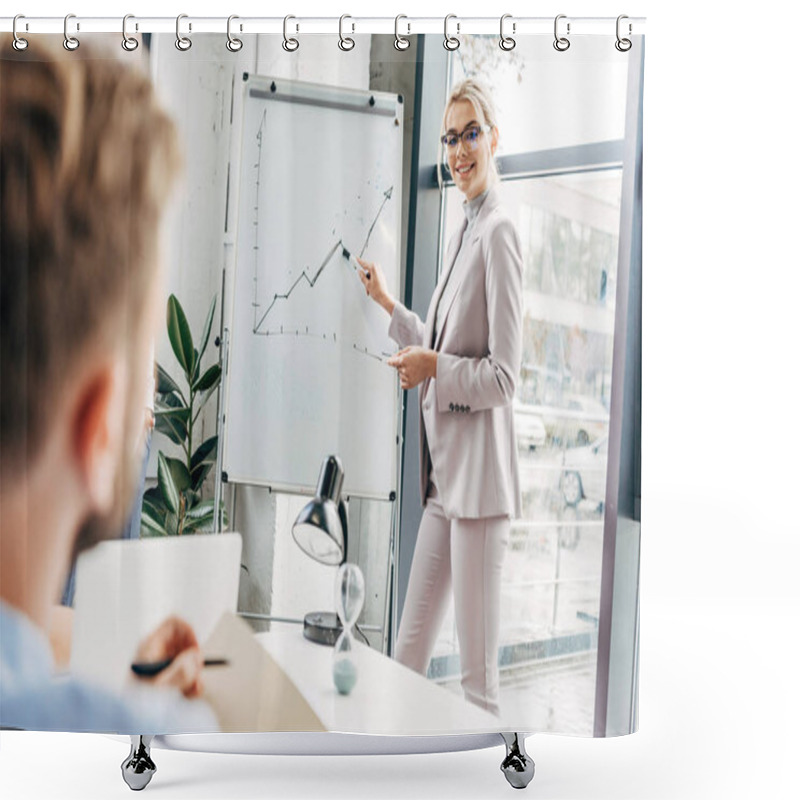 Personality  Smiling Young Businesswoman Standing Near Whiteboard And Looking At Colleague In Office Shower Curtains