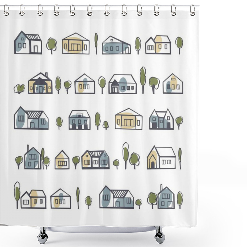 Personality  Hand Drawn Cute  Houses.  Vector Sketch  Illustration. Shower Curtains