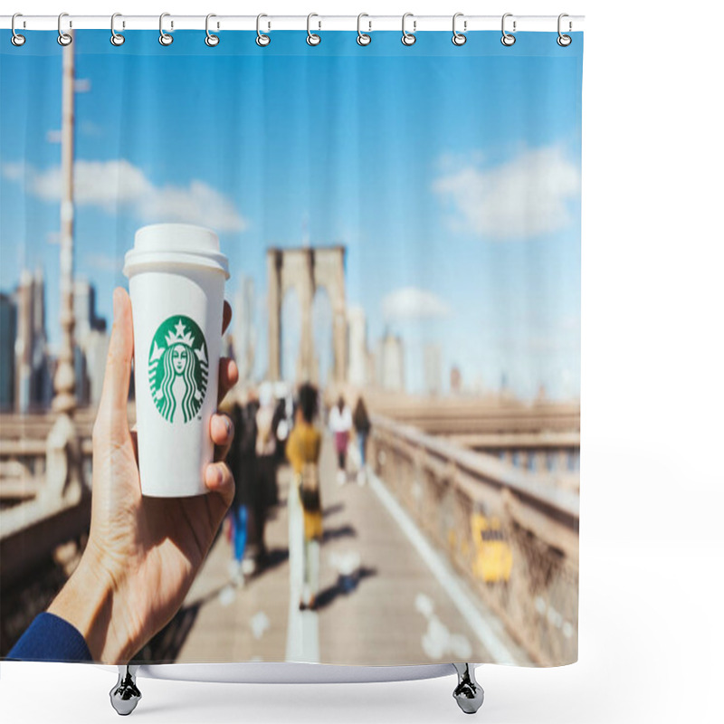 Personality  NEW YORK, USA - OCTOBER 8, 2018: Partial View Of Man Holding Starbucks Disposable Cup Of Coffee On Brooklyn Bridge, New York, Usa Shower Curtains