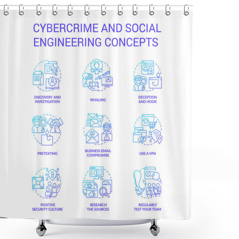 Personality  Cybercrime And Social Engineering Blue Gradient Concept Icons Set. Digital Safety. Hacker Attacks Idea Thin Line Color Illustrations. Isolated Symbols. Roboto-Medium, Myriad Pro-Bold Fonts Used Shower Curtains