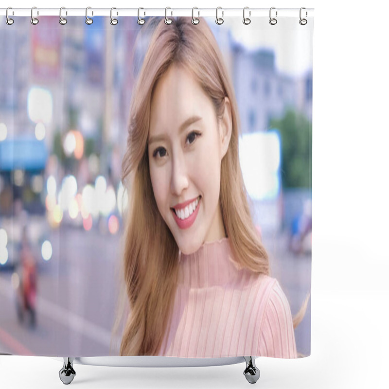 Personality  Young Woman Smiling  With Blurred Defocused Lights In The Evening Shower Curtains