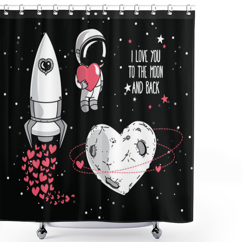 Personality  Heart Formed Planet In Retro Style, Astronaut With Heart And Rocket Shower Curtains