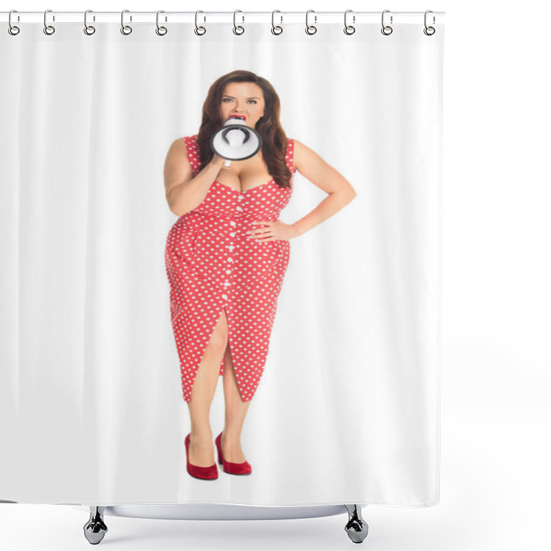 Personality  Angry Plus Size Woman Shouting At Loudspeaker And Looking At Camera Isolated On White Shower Curtains