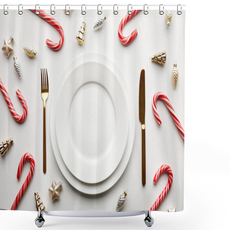 Personality  Top View Of Christmas Table Setting On White Background With Festive Decoration And Candies Shower Curtains