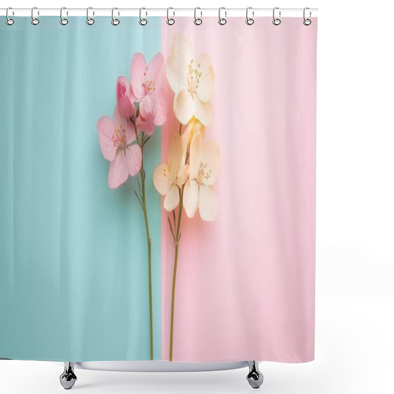 Personality  Two Delicate Flower Stems, One With Pink Blossoms And The Other With Pale Cream Flowers, Rest Against A Split Pastel Blue And Pink Background, Emphasizing Their Soft Elegance Shower Curtains