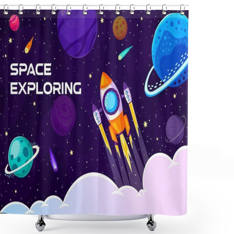 Personality  Space Rocket Launch, Cartoon Galaxy Space Planets And Comets In Starry Sky, Vector Background. Outer Space Exploration And Galactic Adventure Poster With Spaceship Rocket Launch To Cosmic World Planet Shower Curtains