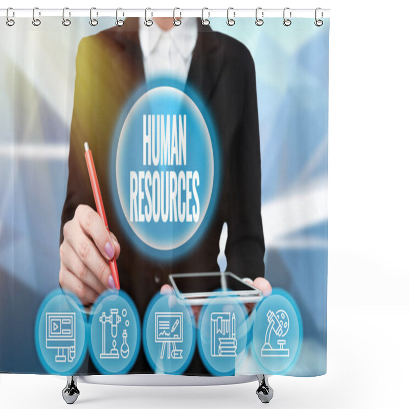 Personality  Sign Displaying Human Resources. Word Written On The Showing Who Make Up The Workforce Of An Organization Lady In Uniform Holding Tablet In Hand Virtually Typing Futuristic Tech. Shower Curtains