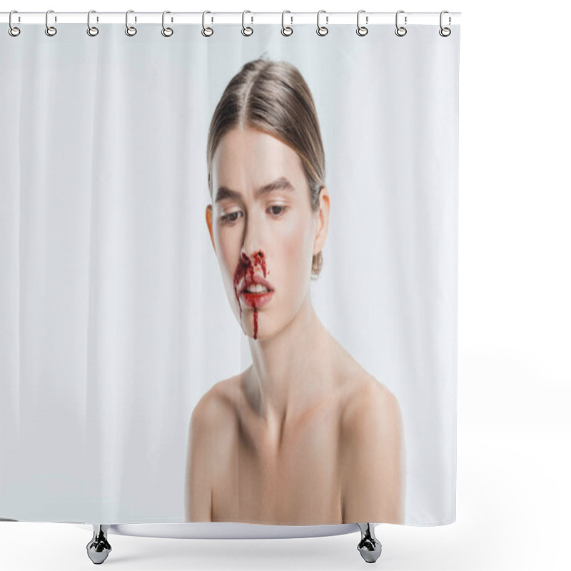 Personality  Wounded Woman With Blood In Face After Domestic Violence Isolated On White Shower Curtains