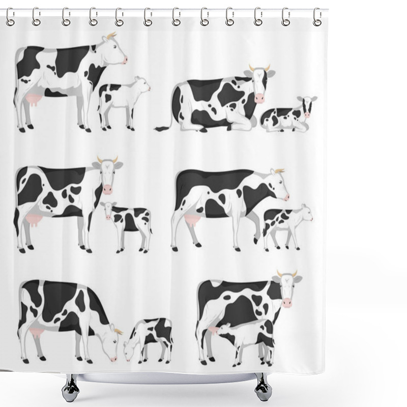 Personality  Vector Holstein Cows And Calves In Different Poses Isolated On White For Farms, Groceries, Packaging And Branding. Shower Curtains