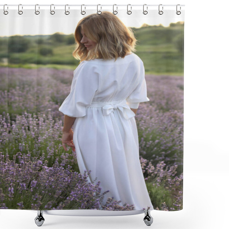 Personality  Rear View Of Attractive Woman In White Dress Standing In Violet Lavender Field  Shower Curtains