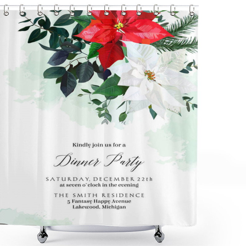 Personality  Red And White Poinsettia Flowers, Christmas Greenery, Emerald Eucalyptus Shower Curtains