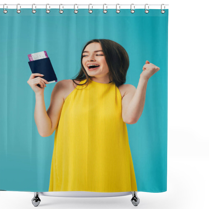 Personality  Happy Brunette Woman In Yellow Dress Holding Passport With Air Ticket And Rejoicing Isolated On Turquoise Shower Curtains