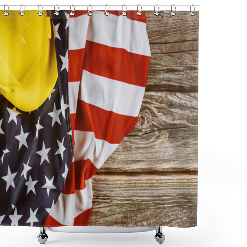 Personality  US. Federal Holiday Of Labor Day Is United States America Of Engineer Yellow Plastic Construction Helmet, American Patriotic Background Shower Curtains