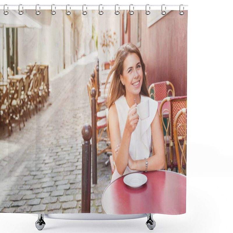 Personality  Smiling Woman Drinking Coffee In Street Cafe  Shower Curtains