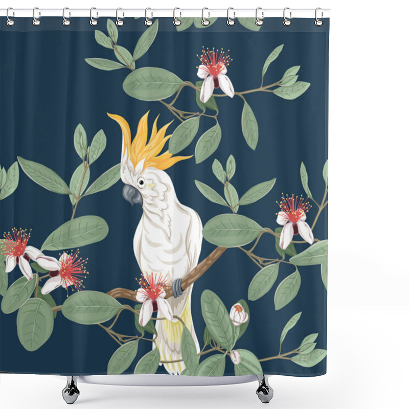 Personality  Seamless Pattern, Background With Floral Pattern With Feijoa Blooming Flowers  And Cockatoo Parrot. Vector Illustration Without Gradients And Transparency.  On Dark Blue Background. Shower Curtains