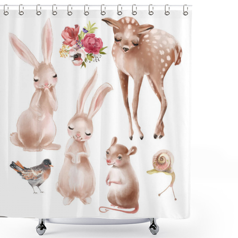 Personality  Set Of Cute Woodland Animals - Deer, Bunnies, Bird, Snail, Mouse And Floral Bouquet Shower Curtains