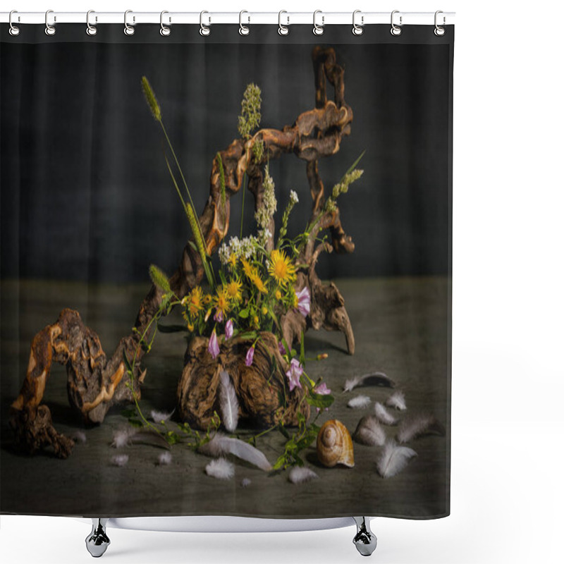 Personality  Composition, Ikebana, Still Life Of Summer Wildflowers, Tree Roots, Snail Shell, Bird Feathers, Field Grass Spikes. Shower Curtains