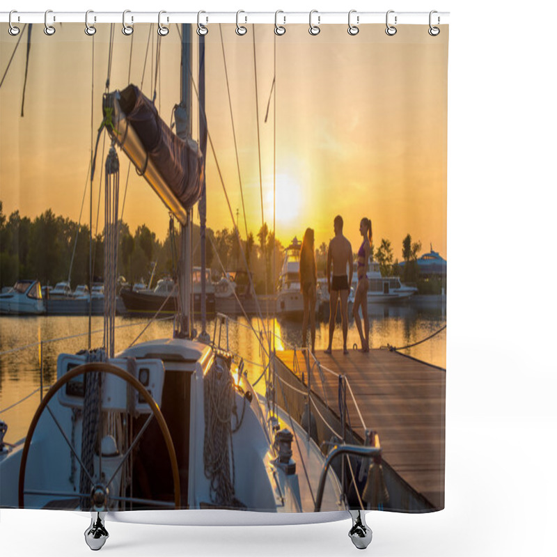 Personality  Young People Near The Sailing Yacht.  Shower Curtains