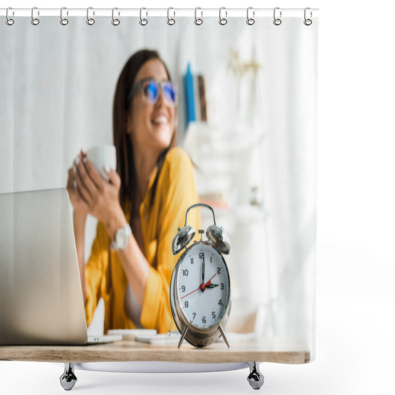 Personality  Selective Focus Of Alarm Clock And Happy Freelancer Having Coffee Break In Home Office With Laptop Shower Curtains