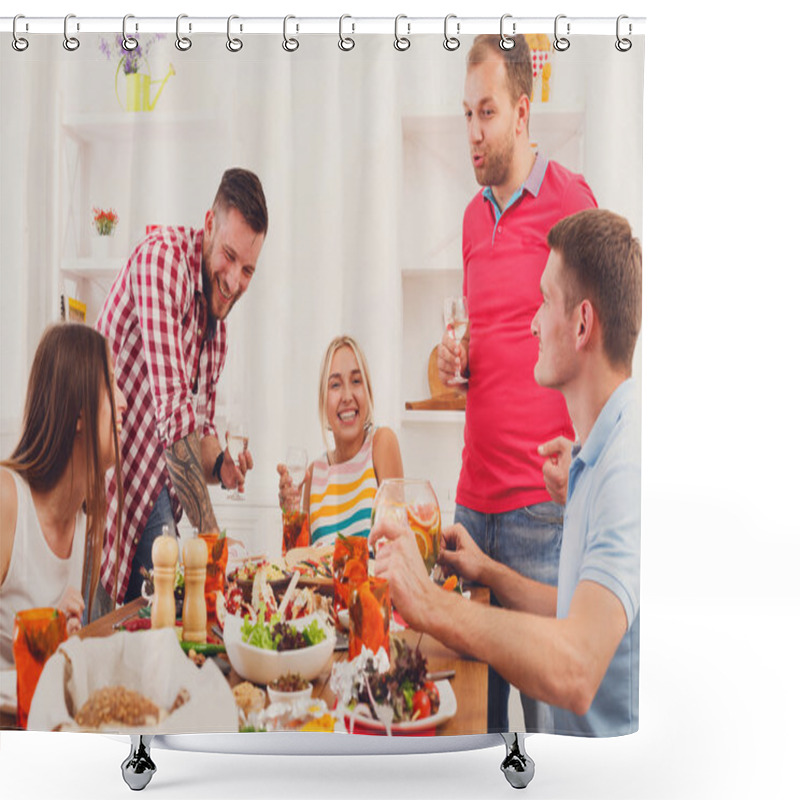 Personality  Group Of Happy Young People At Dinner Table, Friends Party Shower Curtains