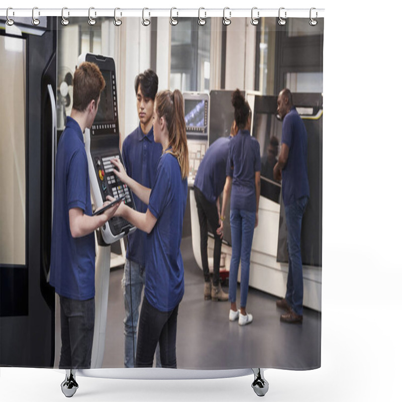 Personality  Engineer Showing Apprentices How To Use CNC Tool  Shower Curtains