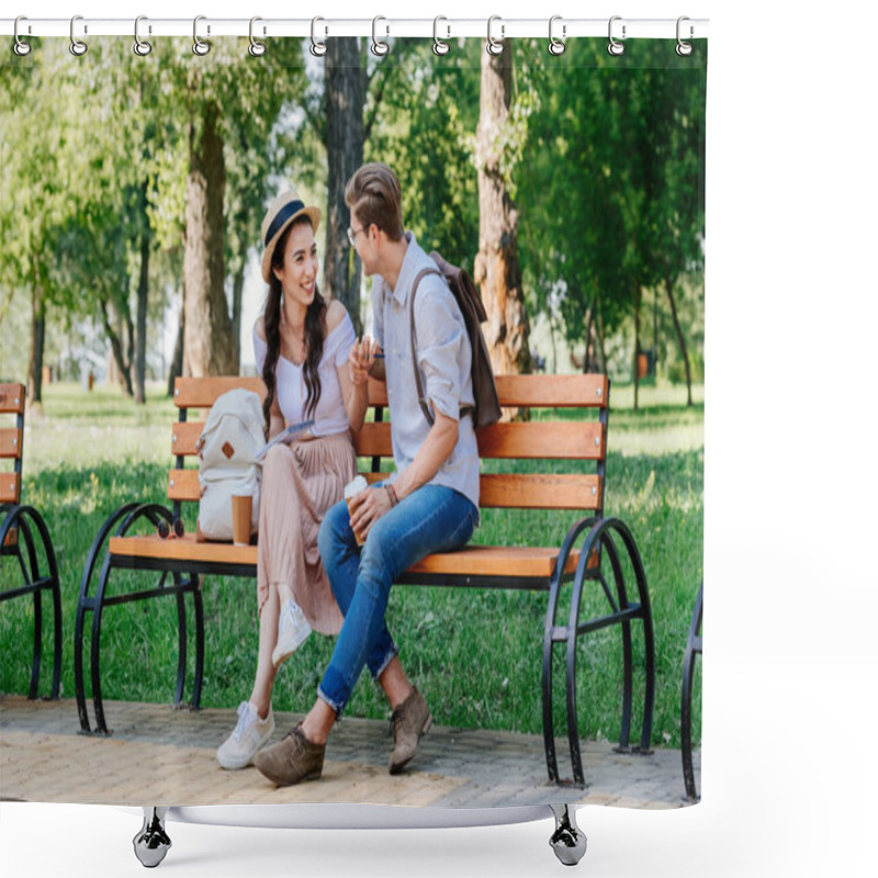 Personality  Multicultural Couple Sitting On Bench Shower Curtains