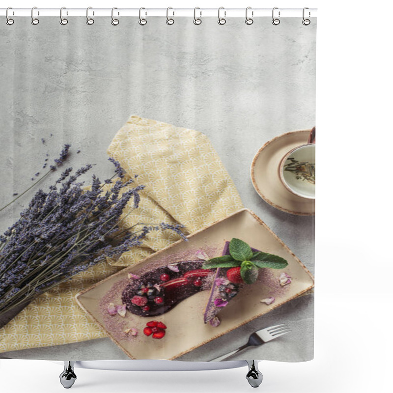 Personality  Food Composition With Piece Of Blueberry Cake Served With Mint Leaves And Violet Petals On Plate, Lavender And Cup Of Herbal Tea On Grey Tabletop Shower Curtains