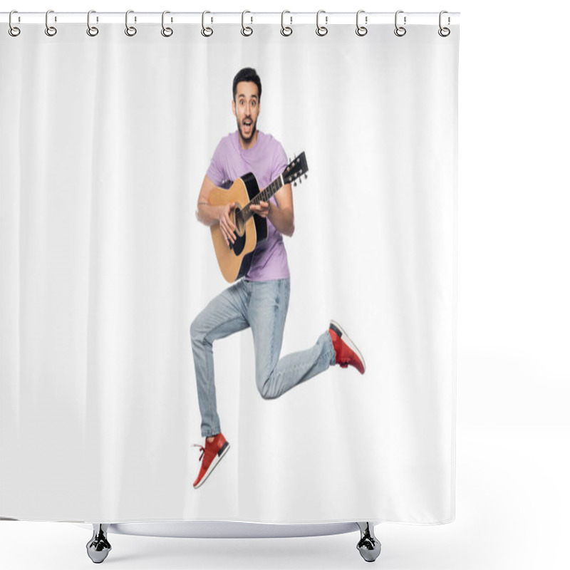 Personality  Amazed Man In Blue Jeans And Purple T-shirt Levitating While Playing Acoustic Guitar On White  Shower Curtains