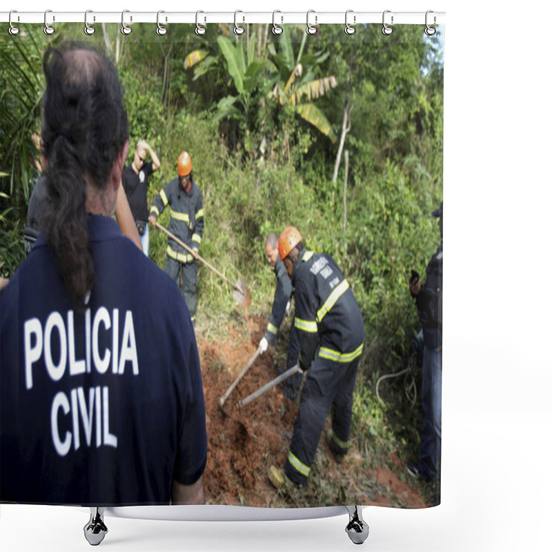 Personality  Salvador, Bahia / Brazil - August 24, 2015: Civil Police Investigators Are Investigating A Person Murdered In The Bush Area In The City Of Salvador. Shower Curtains