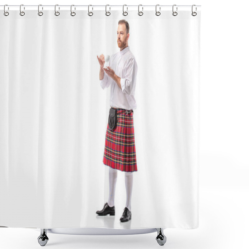 Personality  Scottish Redhead Man In Red Kilt Drinking Coffee On White Background Shower Curtains