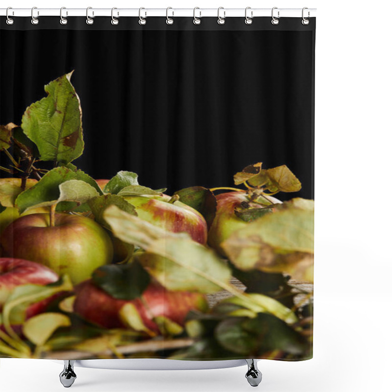 Personality  Ripe Apples With Leaves And Branches Isolated On Black Shower Curtains